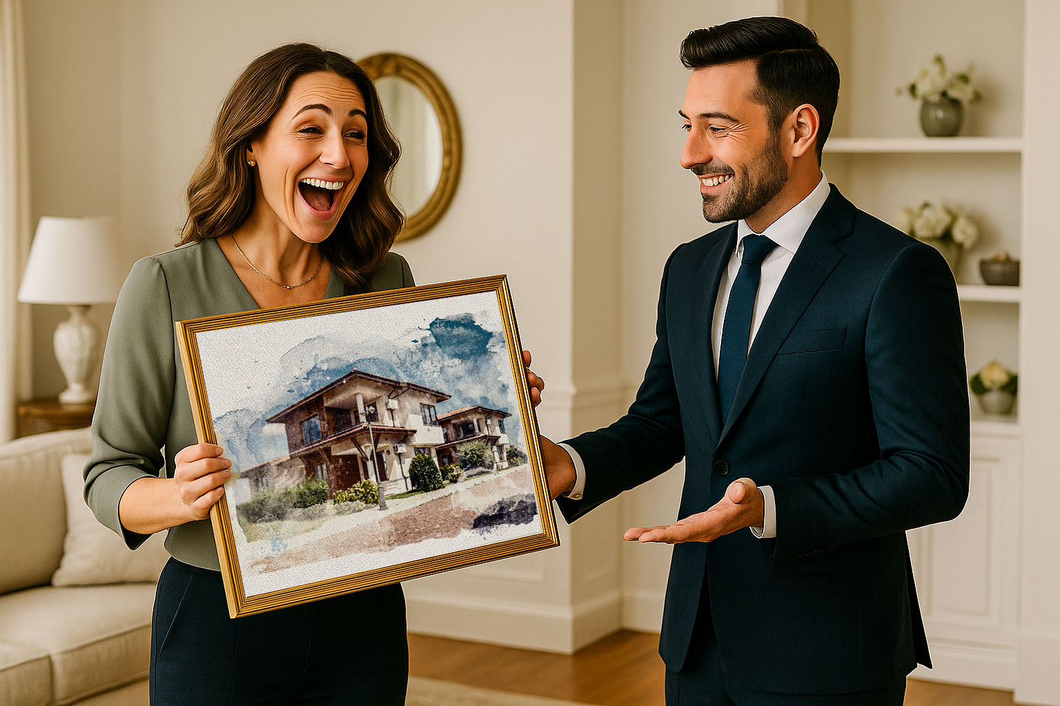 Happy client receiving artwork from elite realtor